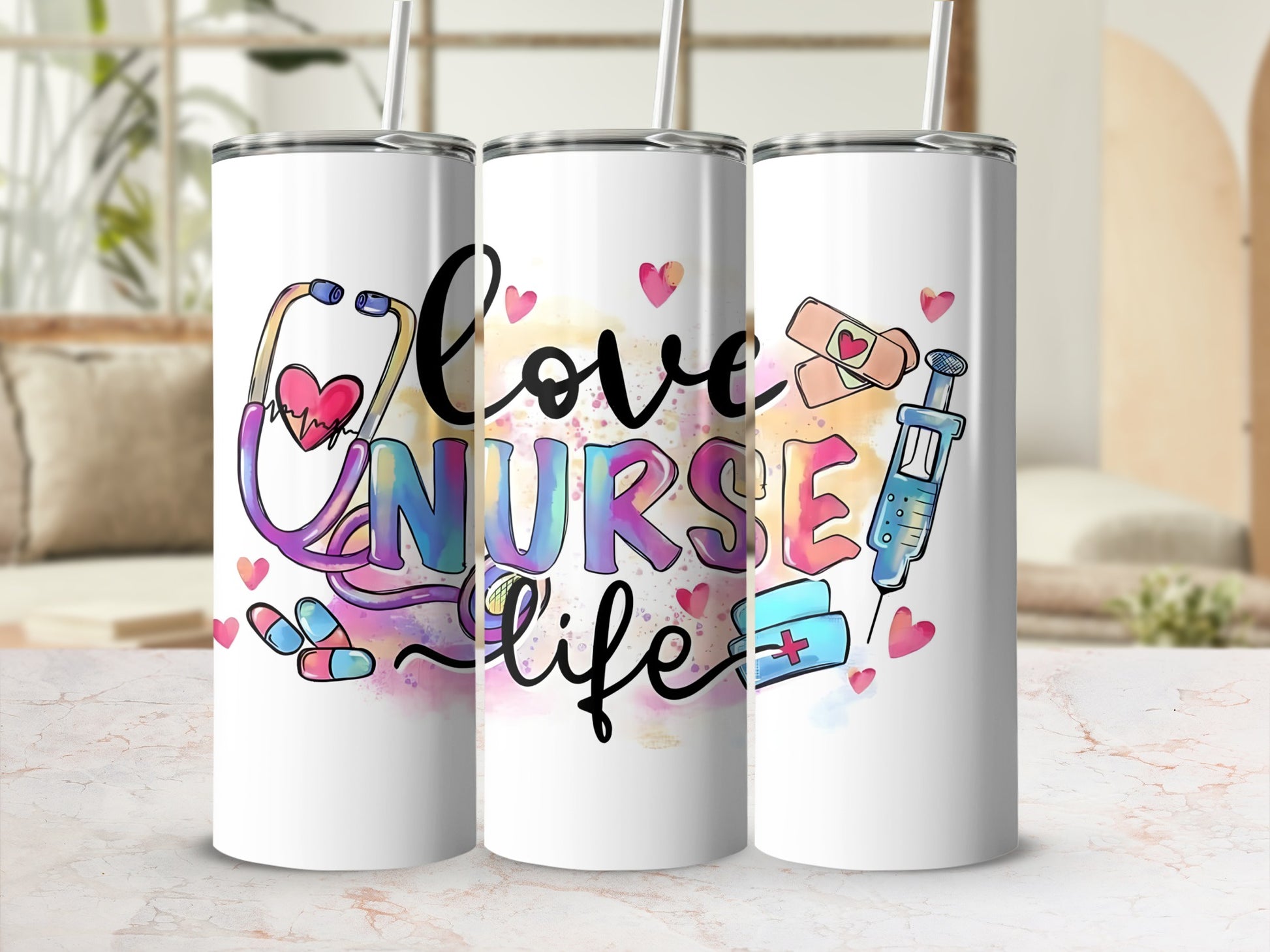 White tumbler with "Love Nurse Life" text and medical icons.