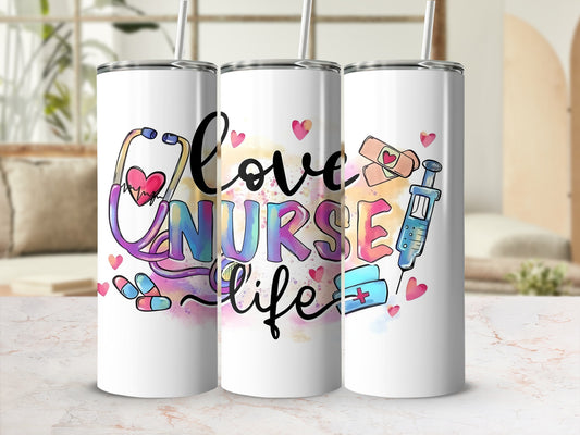 White tumbler with "Love Nurse Life" text and medical icons.