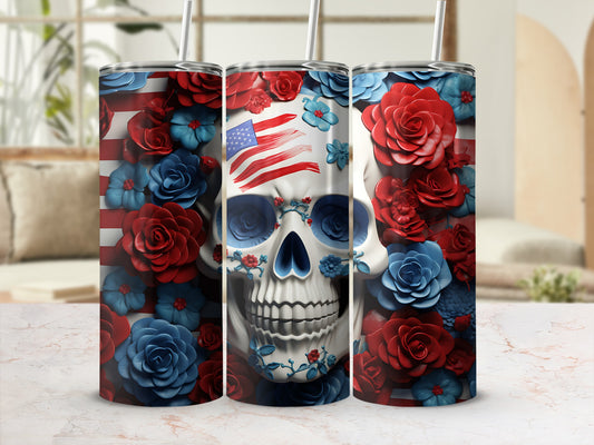 Skull with American flag and red and blue flowers on a tumbler.