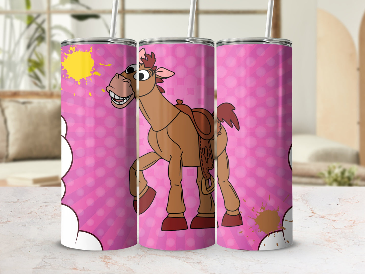 Cartoon Horse Design on Pink Dot Background Tumbler