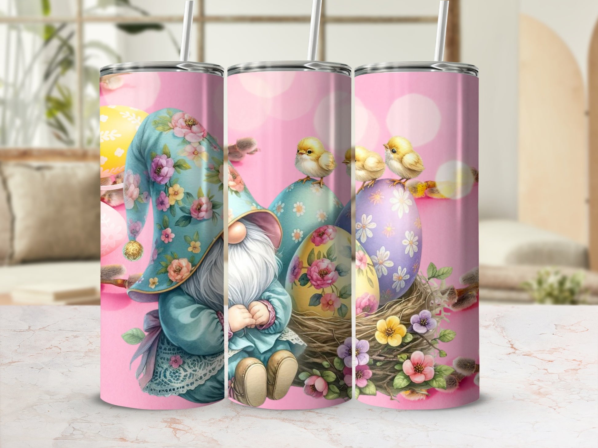 Cute Easter Gnome and Chick Design Insulated Tumbler