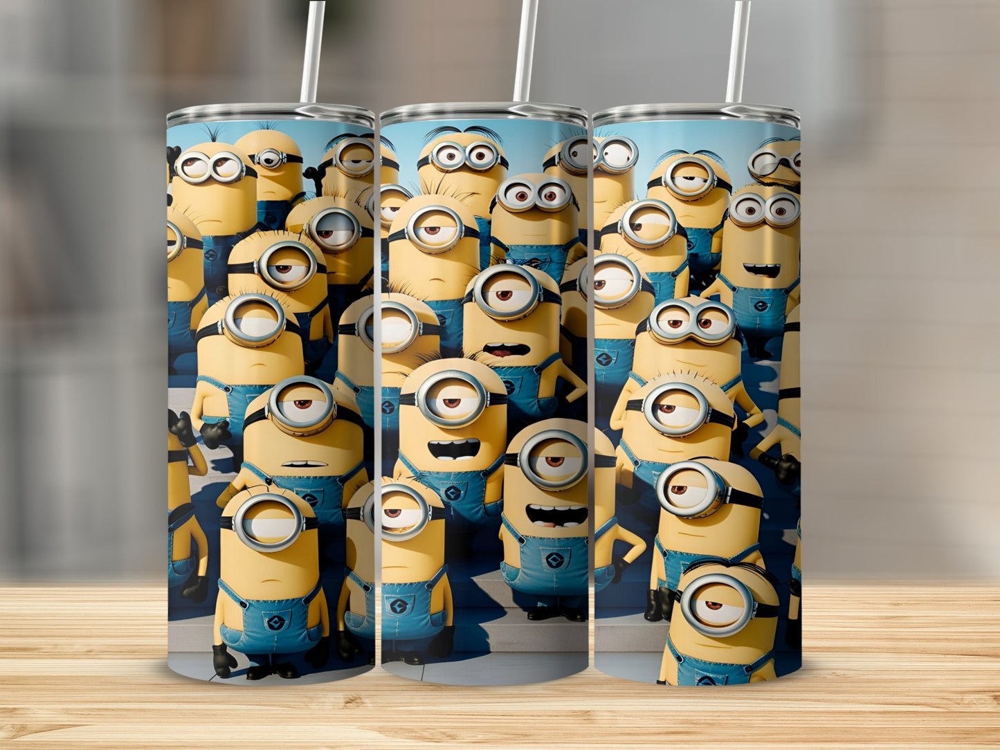 Minions with overalls and goggles on a blue background.