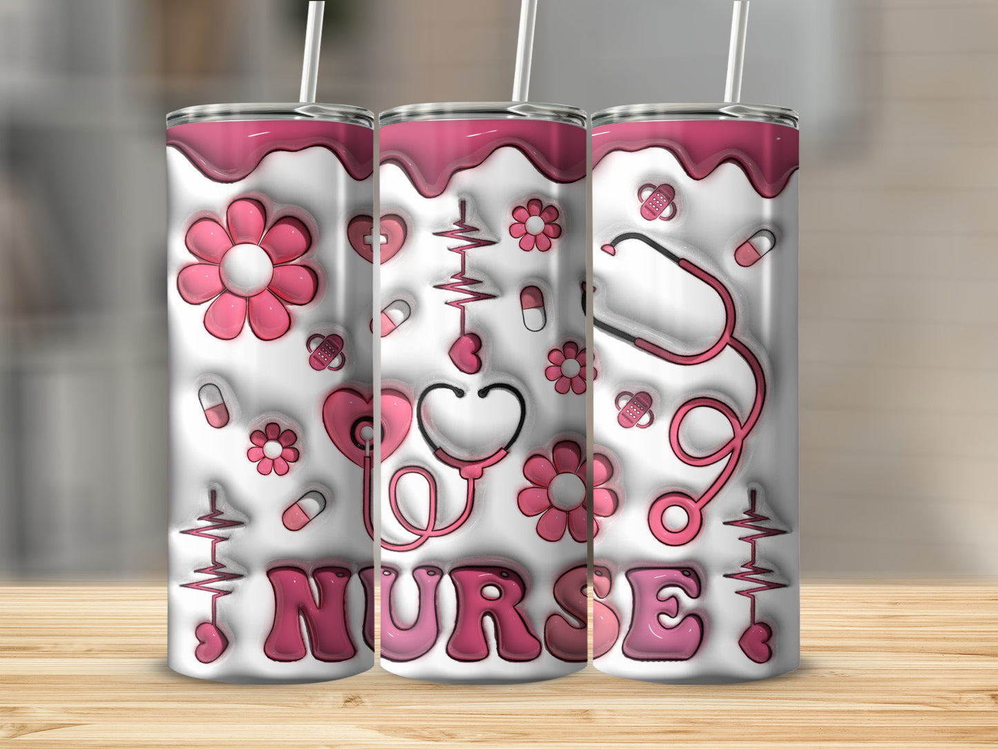 Tumbler with pink nurse-themed graphics including stethoscope, hearts, and pills.