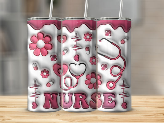 Tumbler with pink nurse-themed graphics including stethoscope, hearts, and pills.