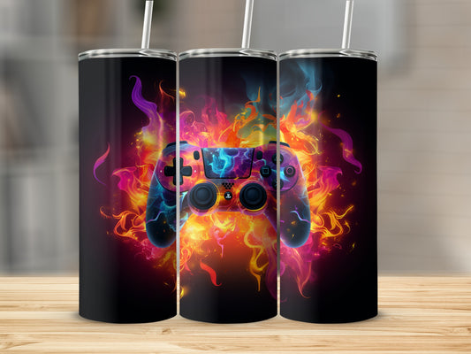 Vibrant Gaming Controller Tumbler with Fiery Design