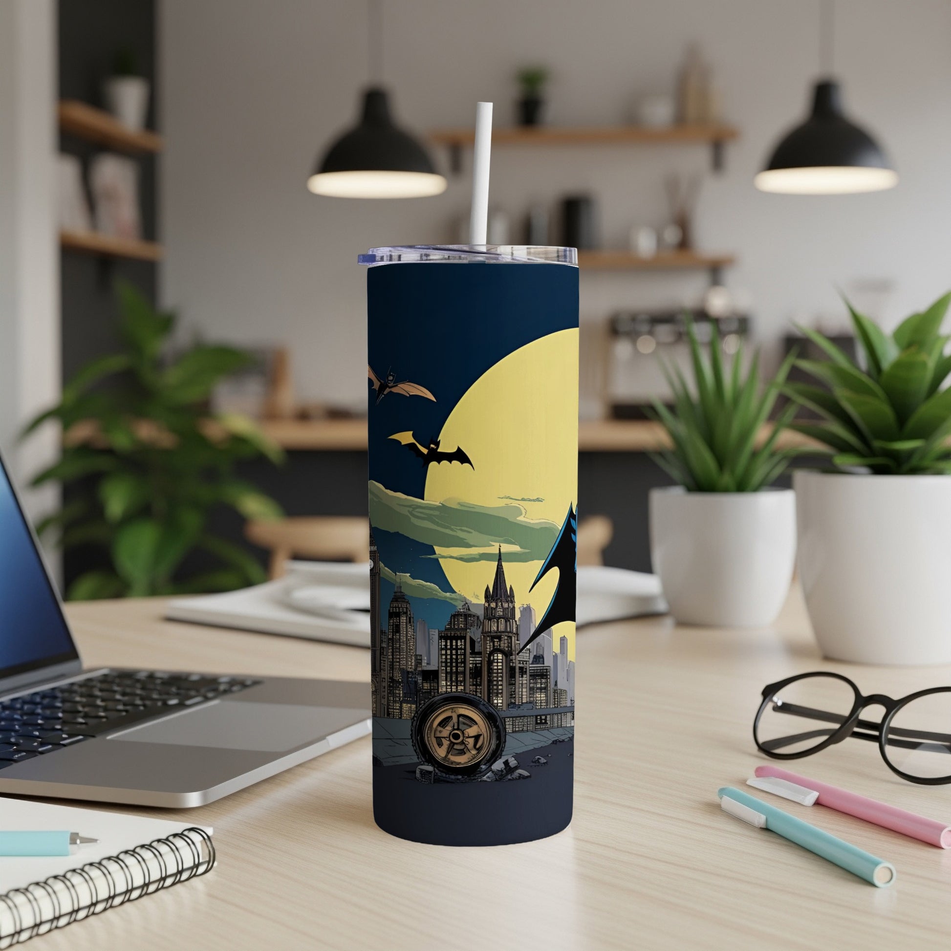 Batman cityscape with bats and moon, white straw in tumbler.