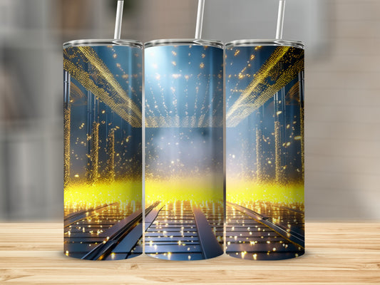 Three tumblers featuring a digital, glowing, futuristic hallway with golden lights.