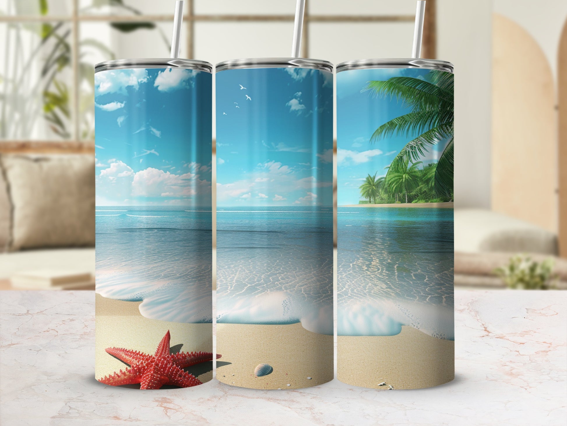 Three tumblers show a tropical beach scene with a starfish.