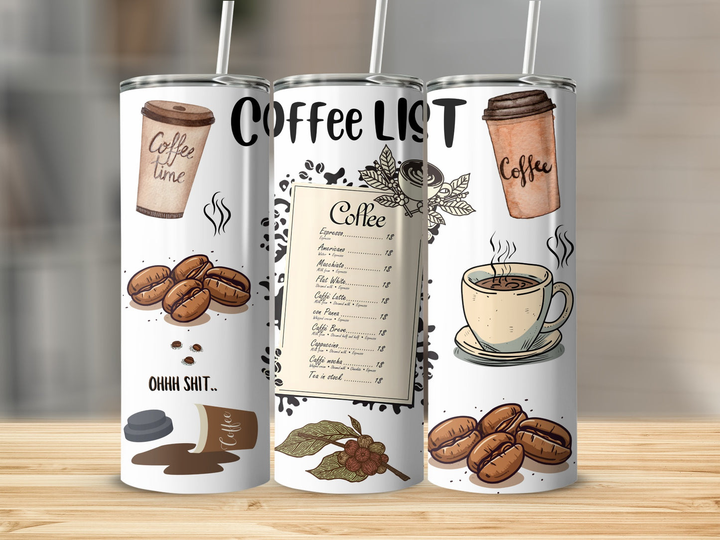 Coffee List Tumbler with Coffee Beans and Cups Design