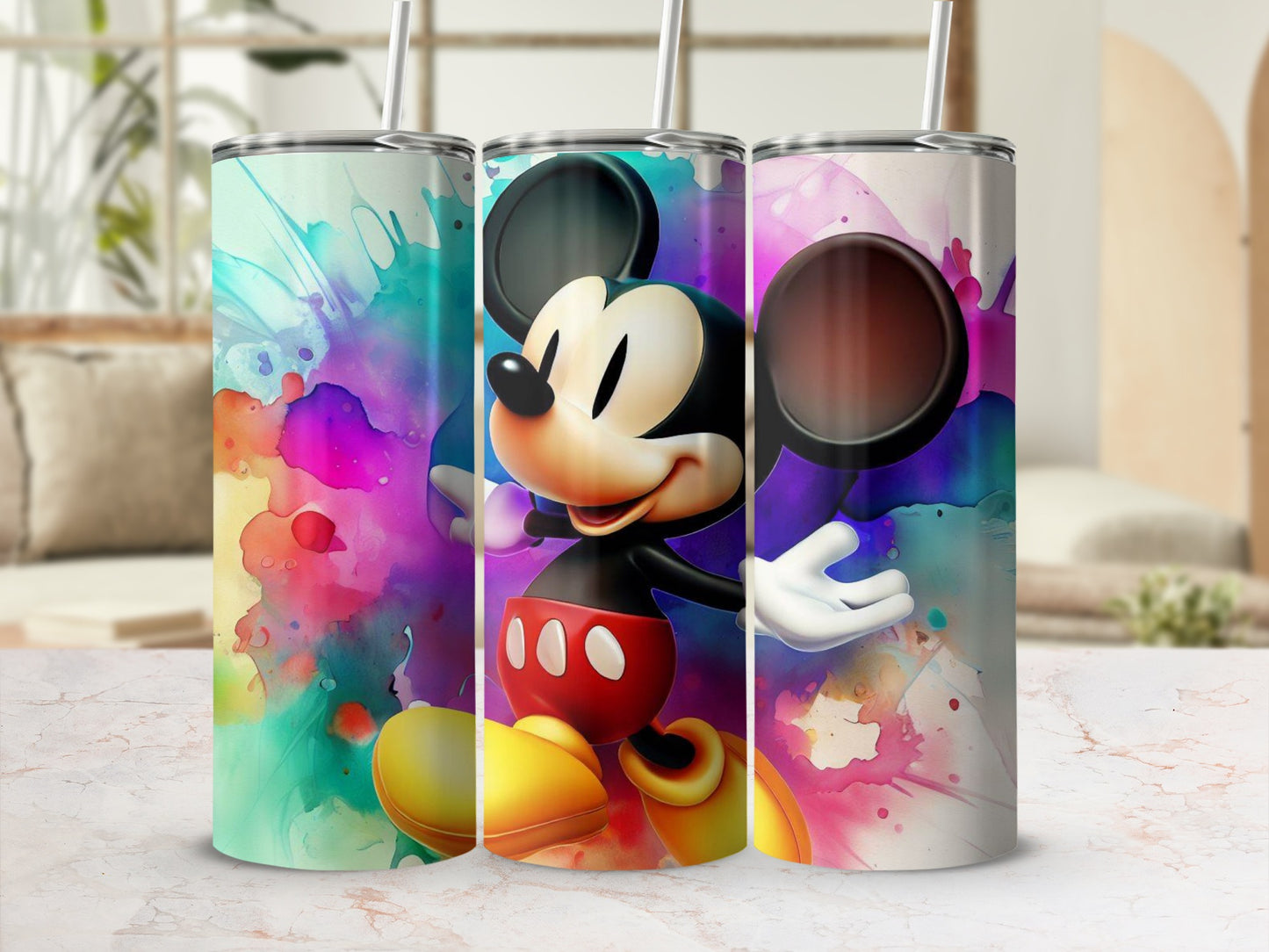 Colorful Mickey Mouse Tumbler with Vibrant Splash Design