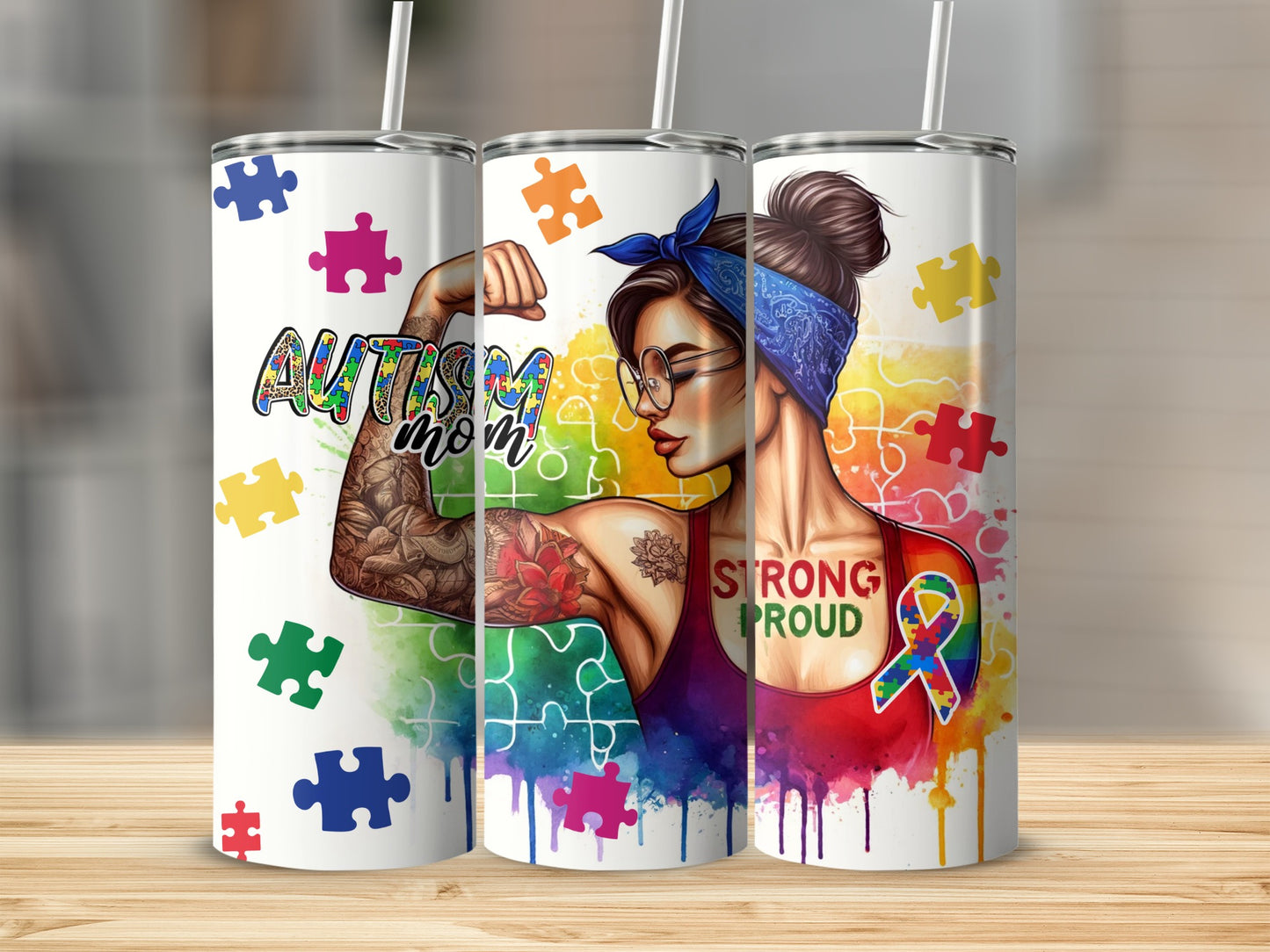 Tumbler with "Autism Mom" and rainbow puzzle ribbon, muscular arm.