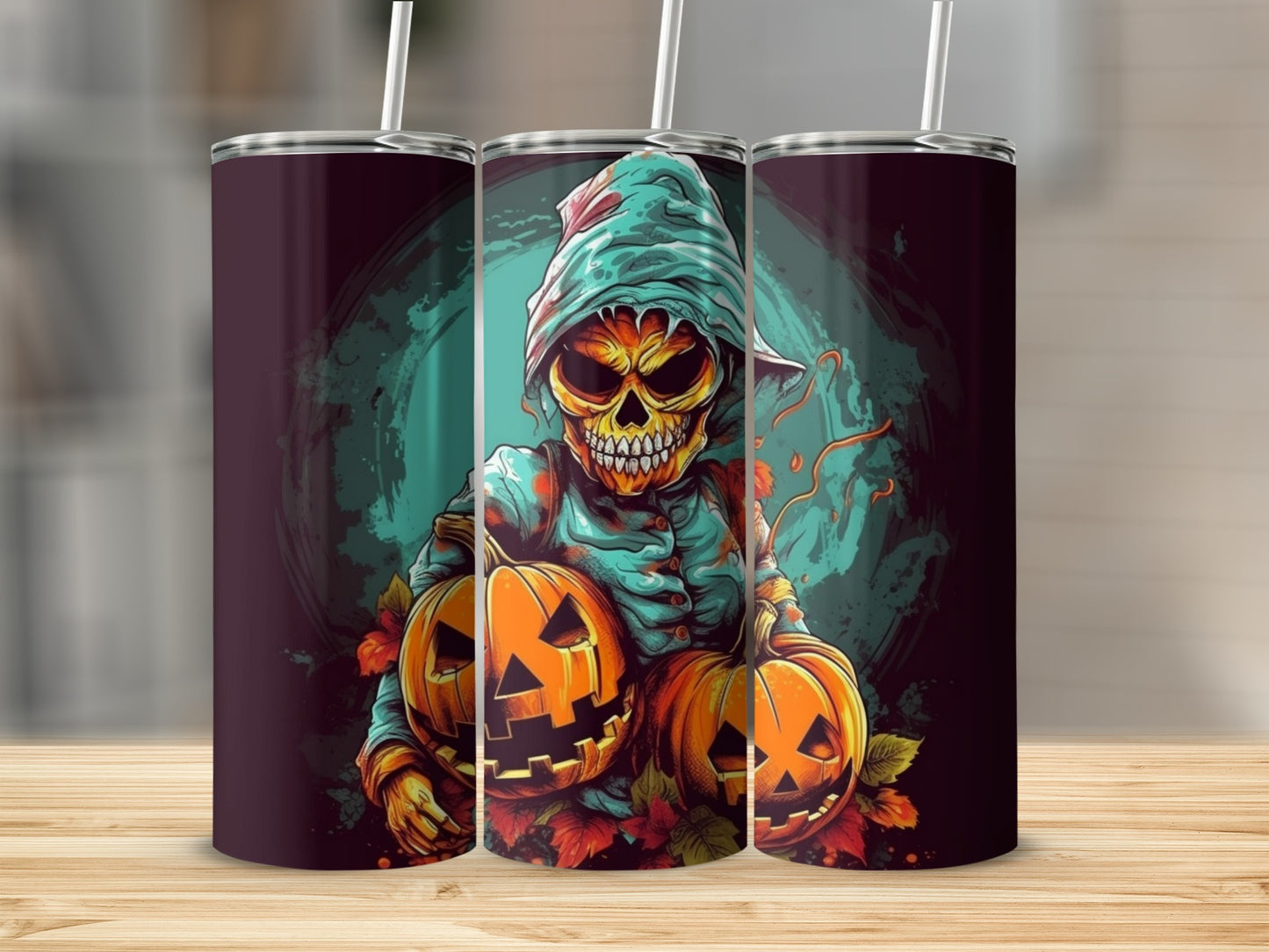 Tumbler with scary scarecrow holding pumpkins and fall leaves design.