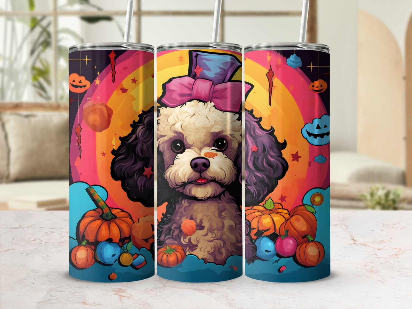 Halloween dog with pumpkins and rainbow design on a tumbler.