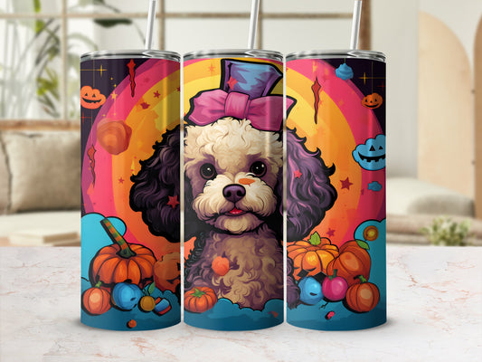 Halloween dog with pumpkins and rainbow design on a tumbler.