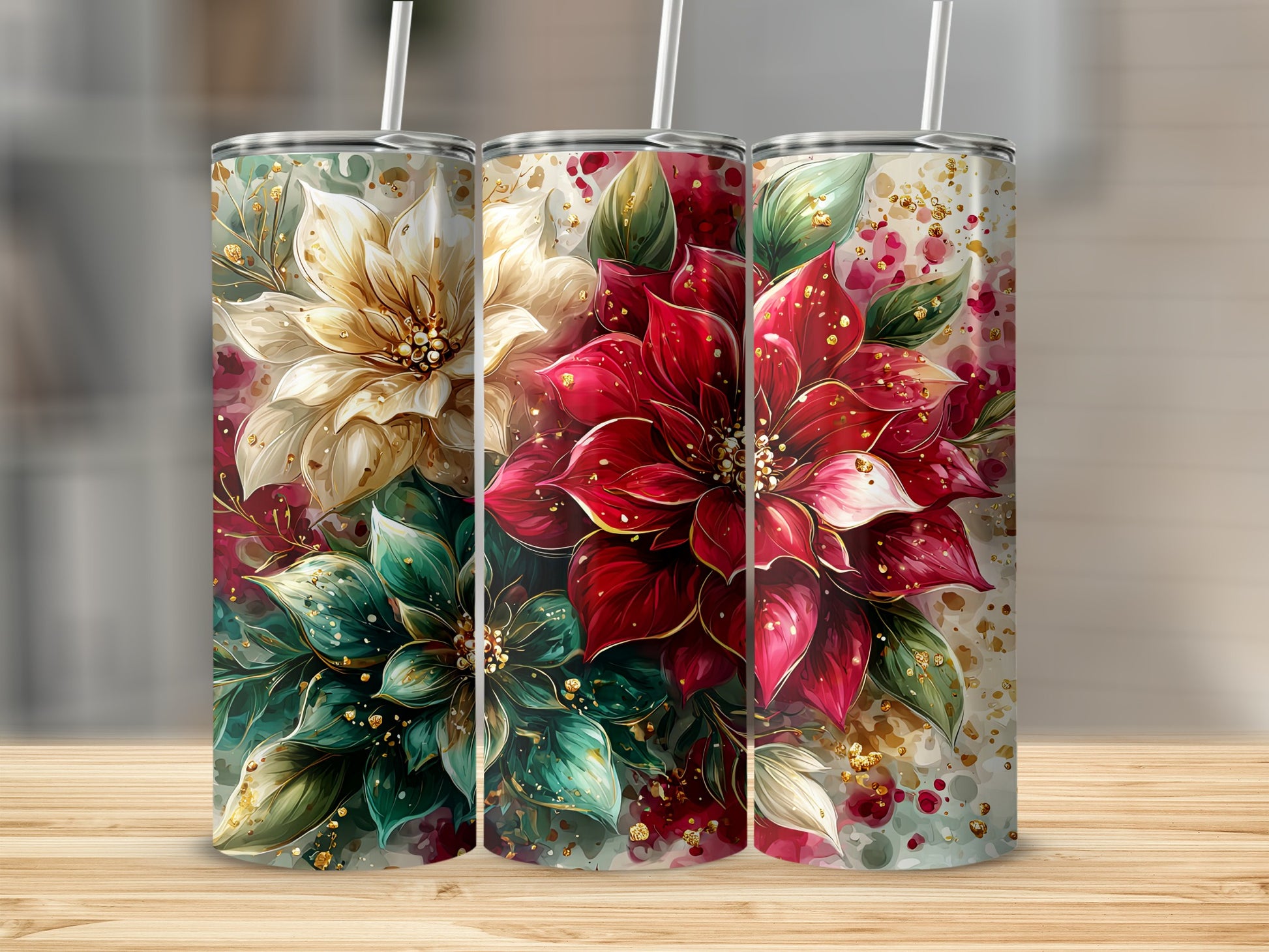 Festive Floral Tumbler with Christmas Poinsettias
