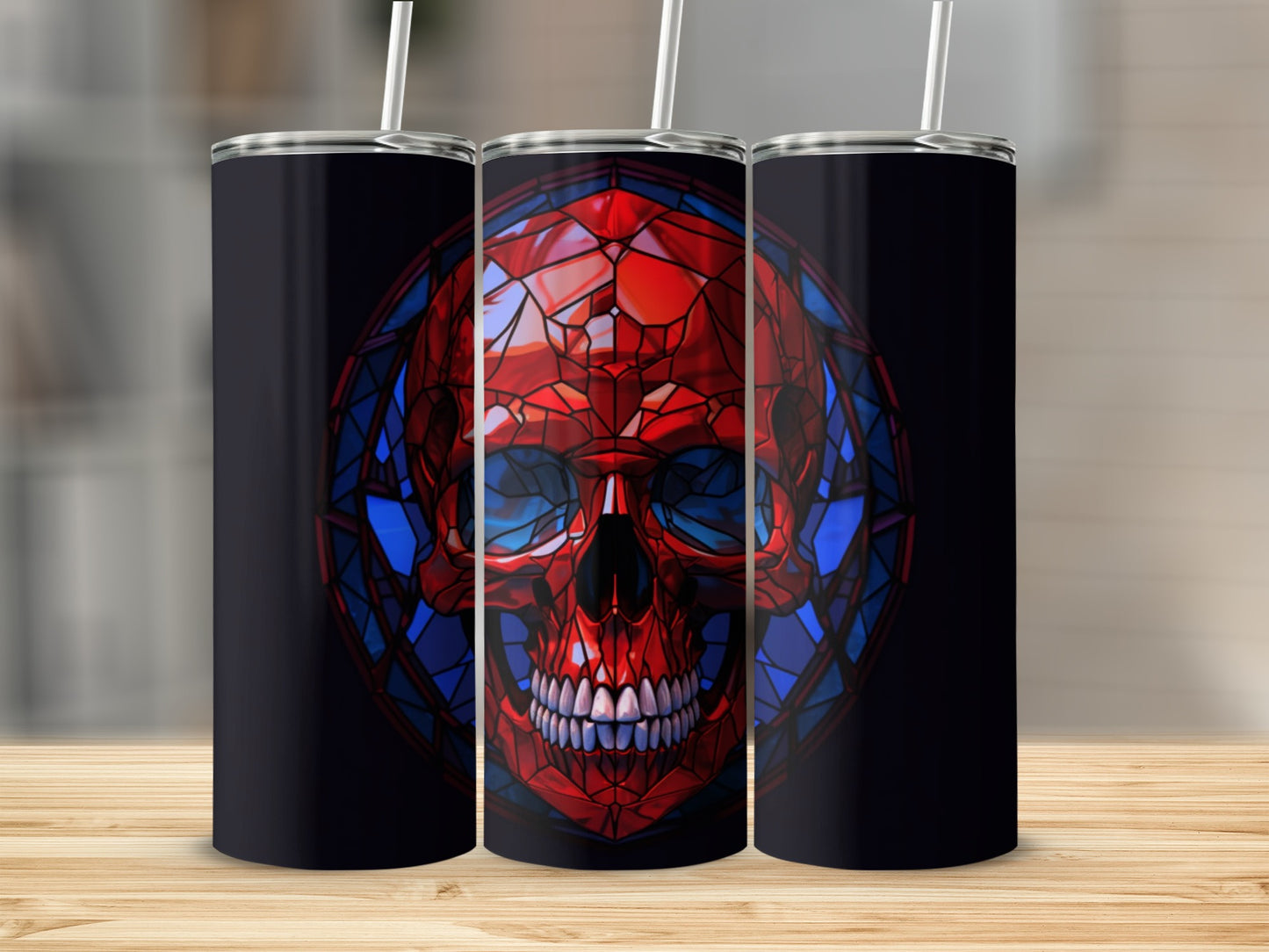 Dark tumbler with a stained-glass skull design in red and blue.