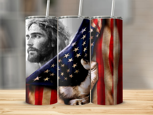 Jesus's profile overlaid with American flag and gripping hand.