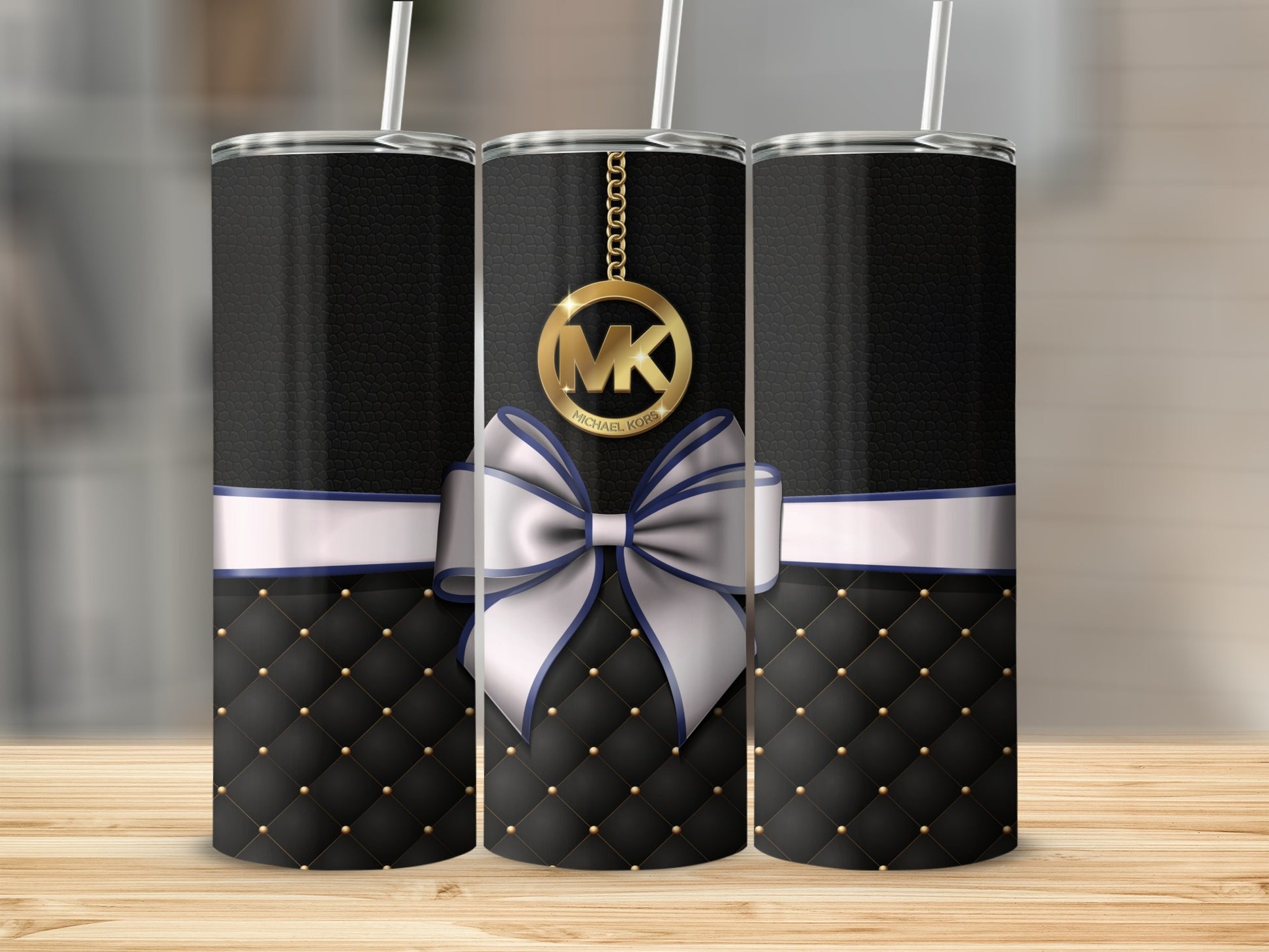 Elegant Black Quilted Design Tumbler With Monogram Charm