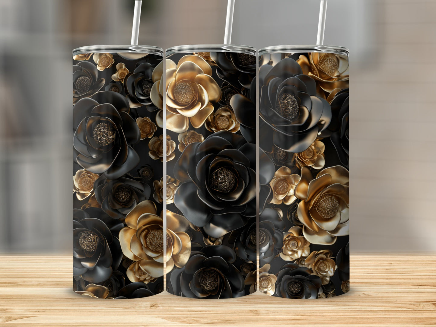 Three tumblers with a dark floral pattern of black and gold roses.