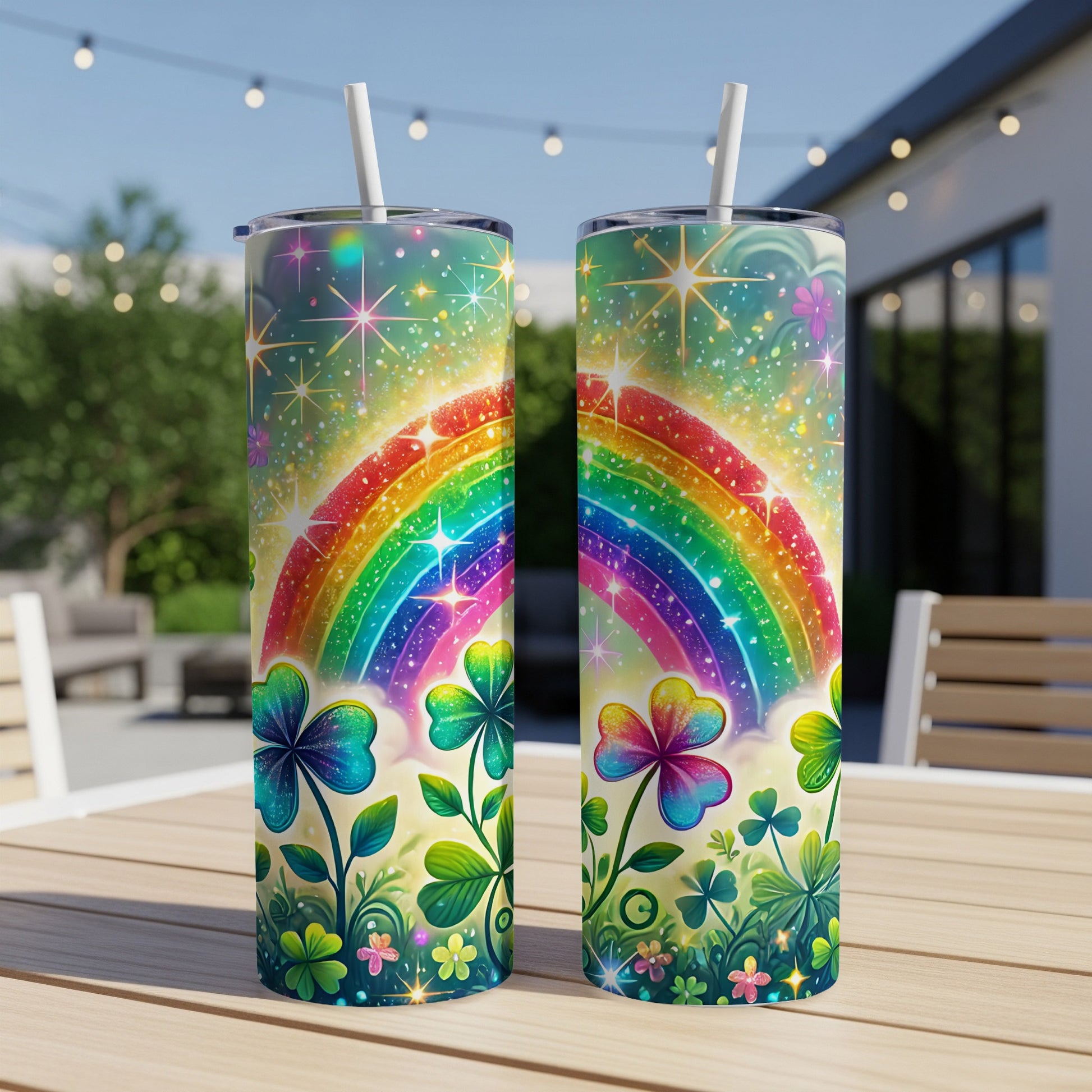 Two tumblers with rainbow and shamrock designs on a table.