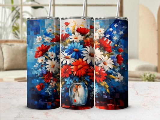Floral pattern tumbler with American flag accents and straws.