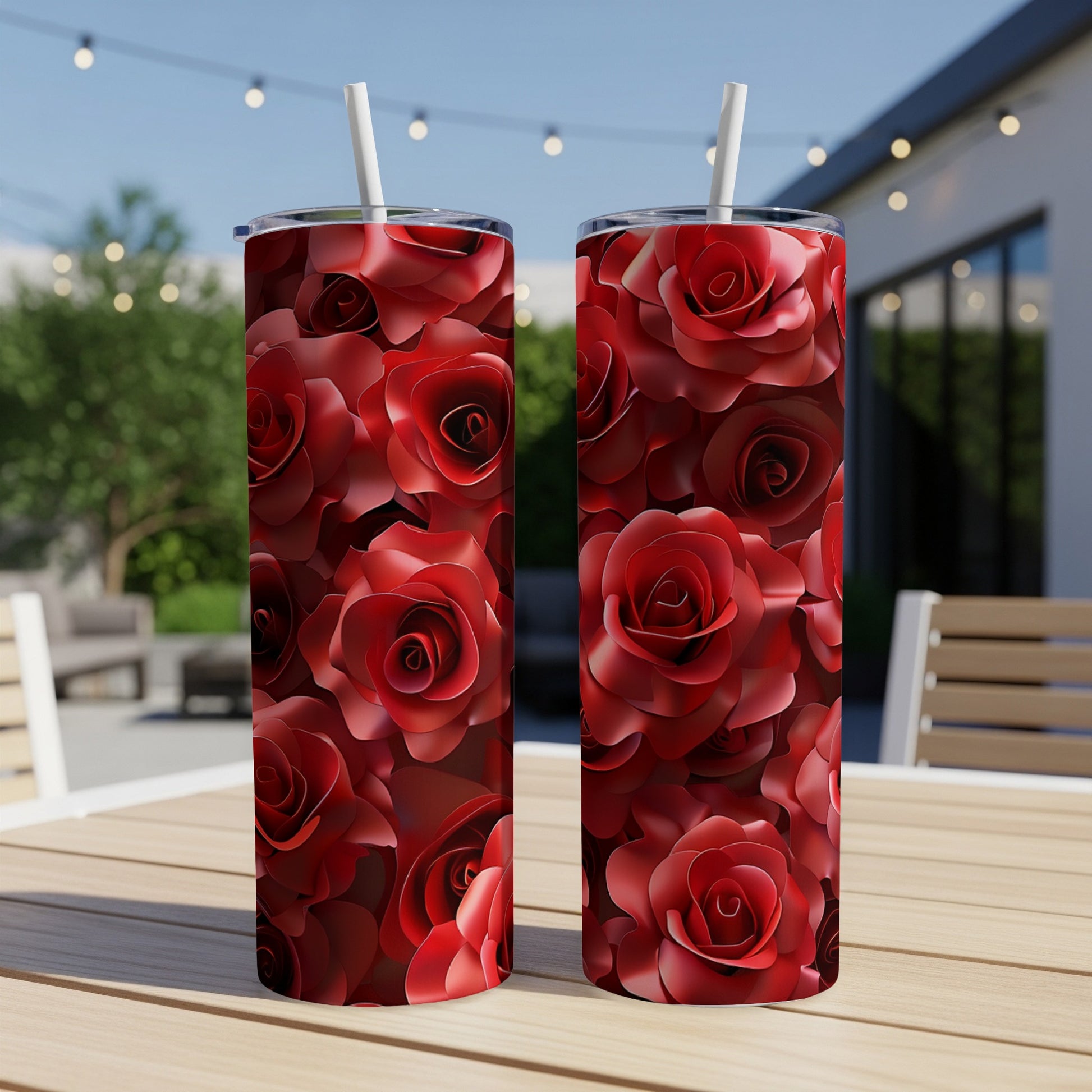 Two tall tumblers with a repeating pattern of deep red roses.