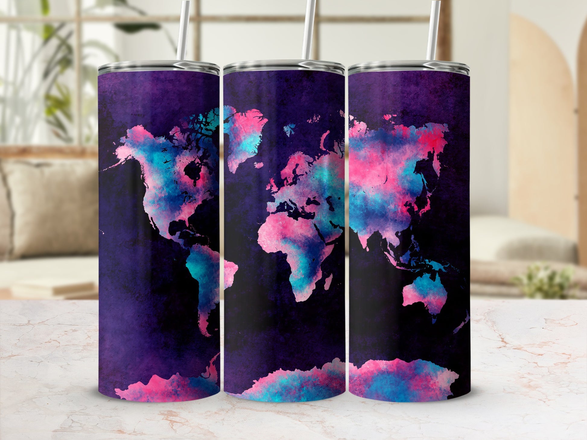 Three tumblers with a purple background and a colorful watercolor world map design