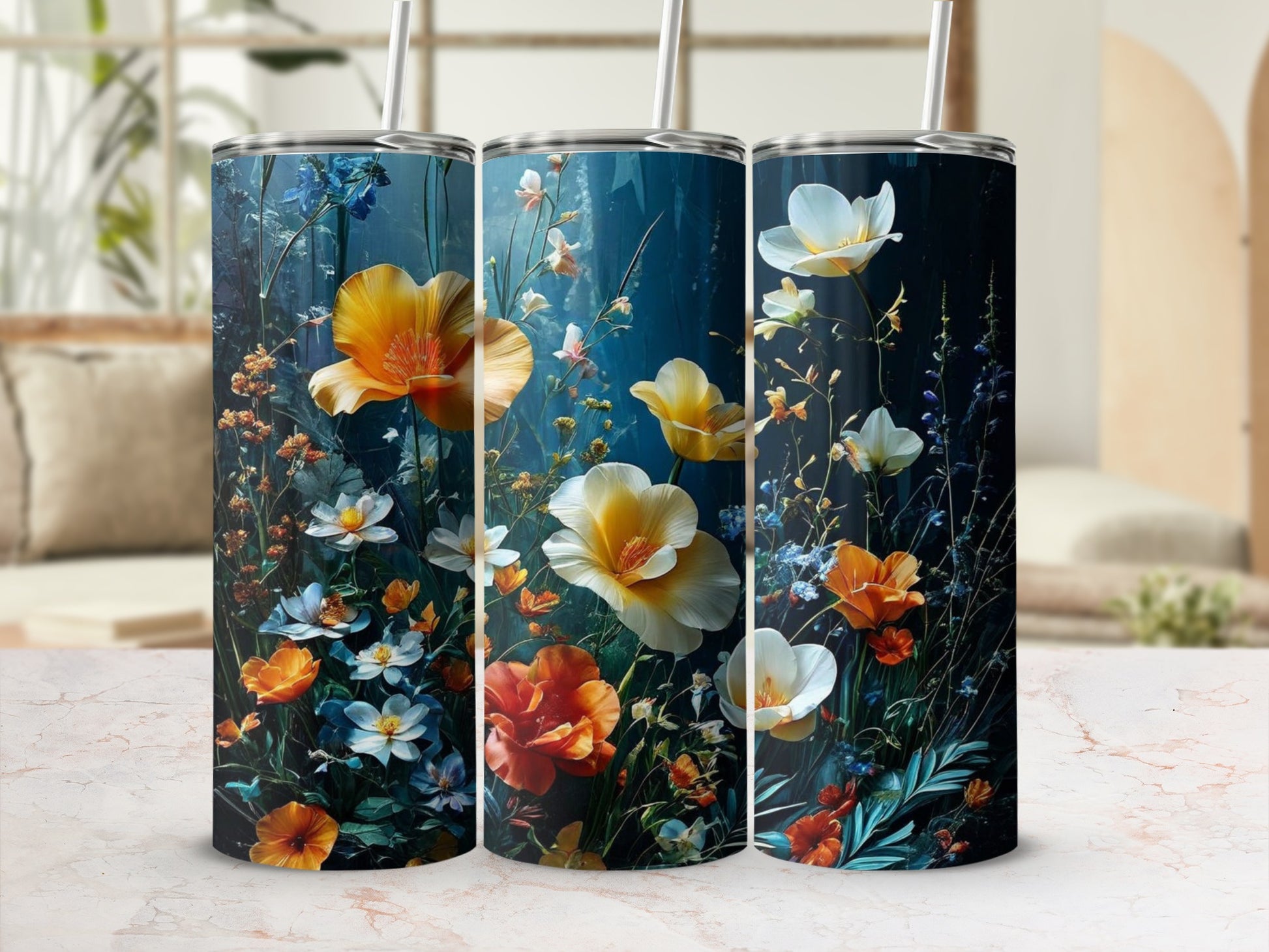 Three tumblers with a dark floral pattern featuring orange and white flowers.