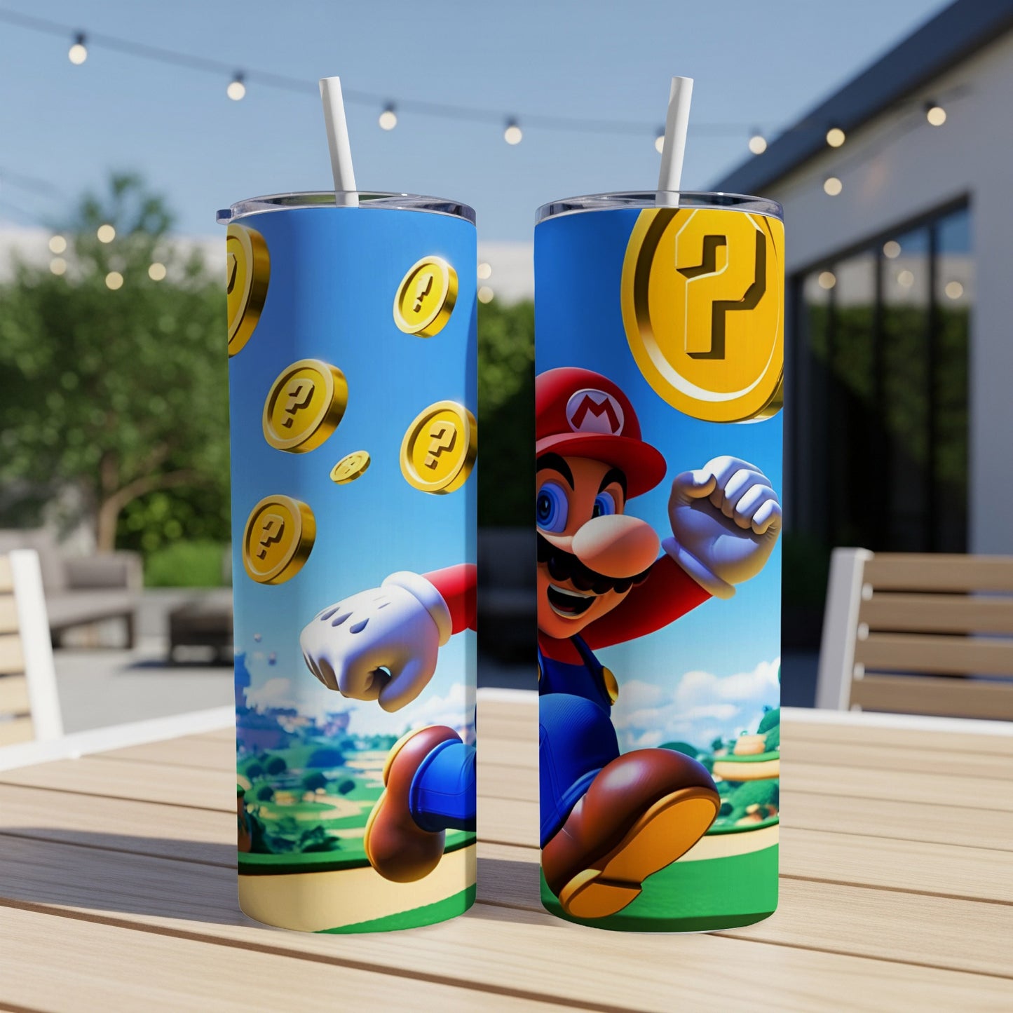 Mario jumping with coins in front of a blurry outdoor background.