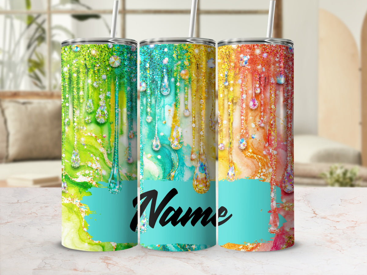 Three tumblers with colorful glitter and diamond drip designs and a "Name" text space.