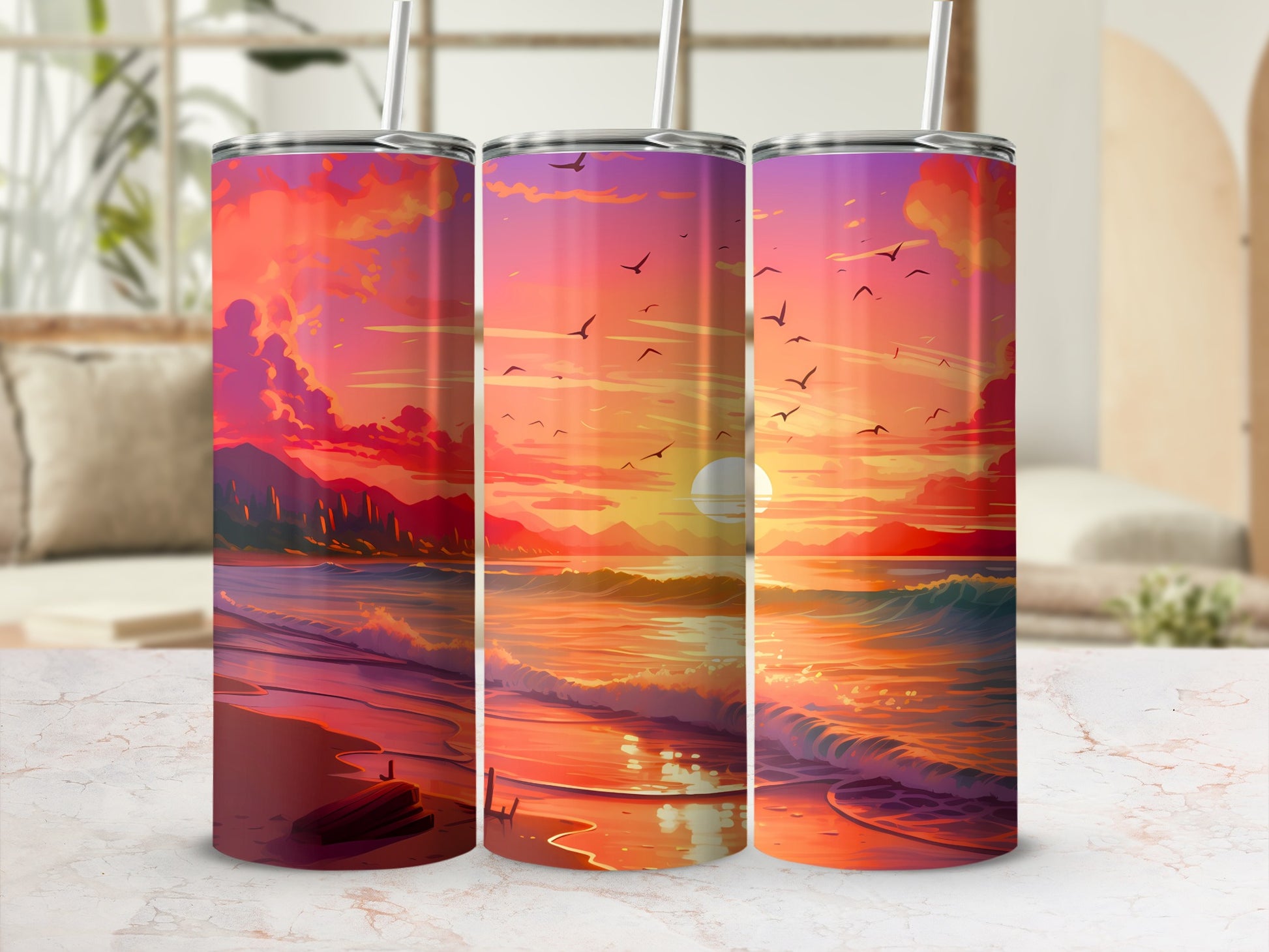 Vibrant Sunset Beach Waves Mountains Sun tumbler product type