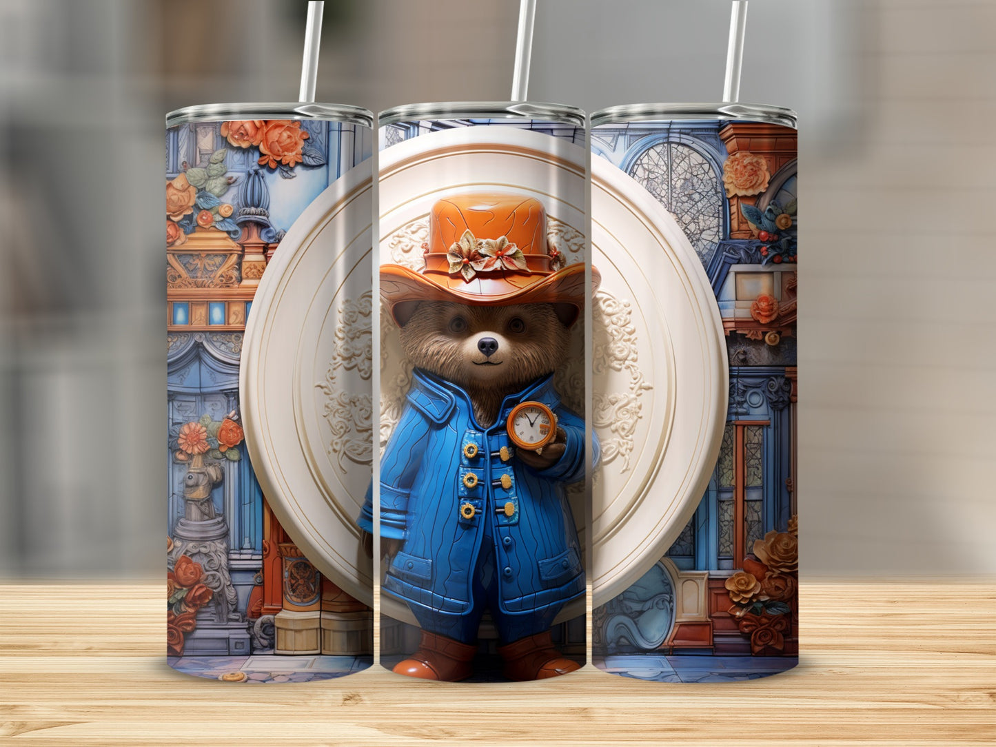 Adorable Bear with Antique Clock Custom Tumbler Cups