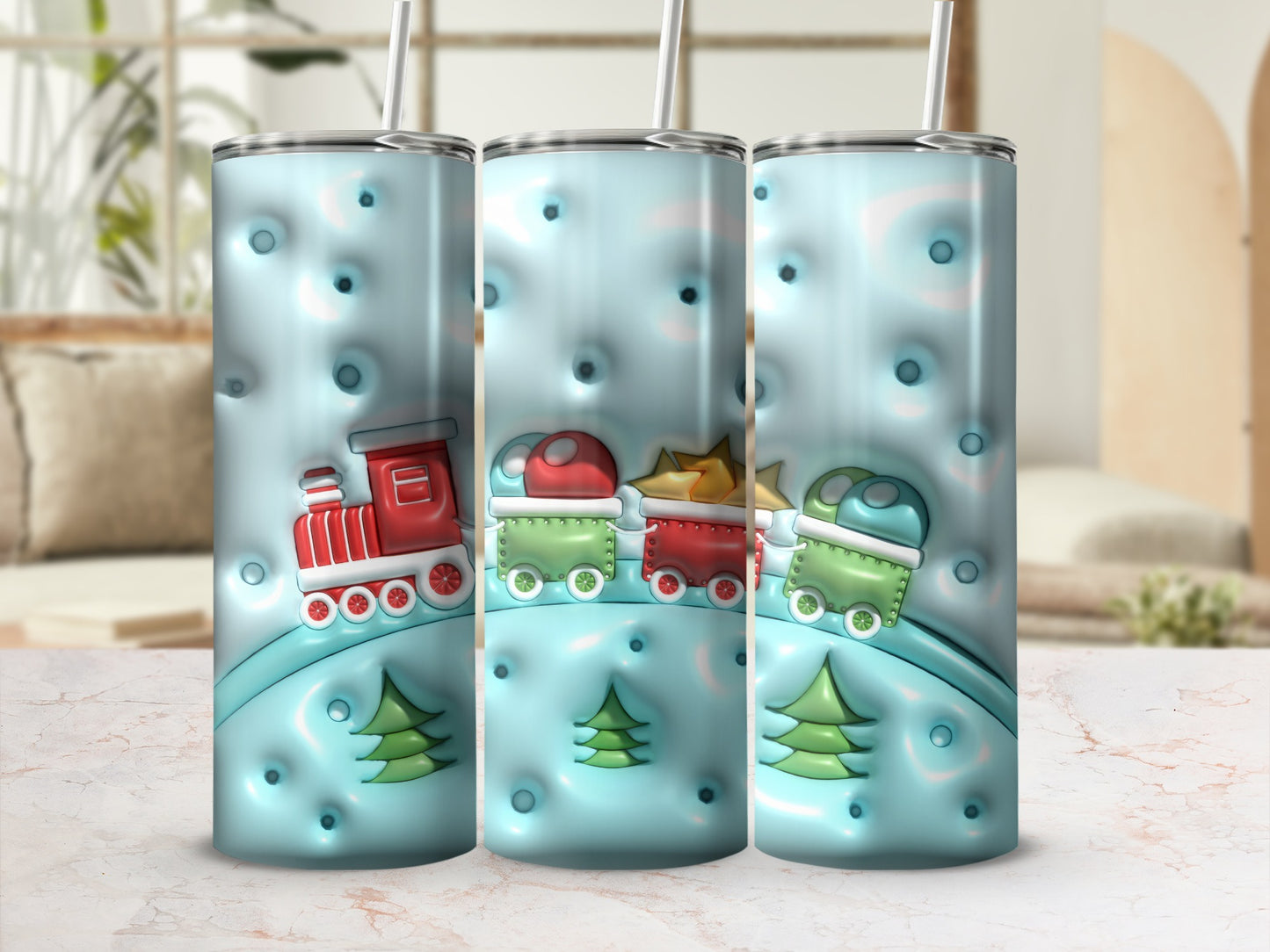 Festive Train and Christmas Trees Design Tumbler