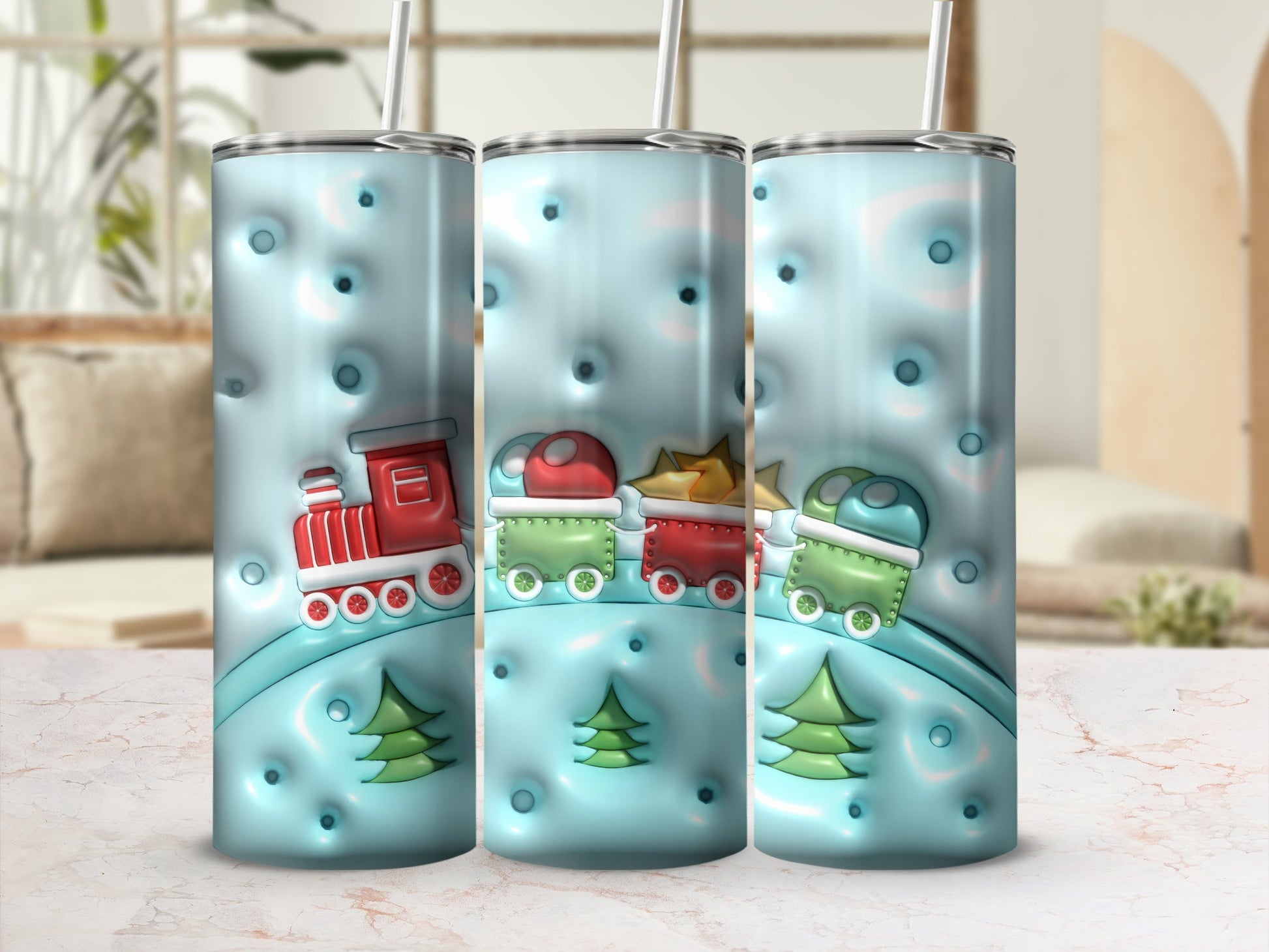 Festive Train and Christmas Trees Design Tumbler
