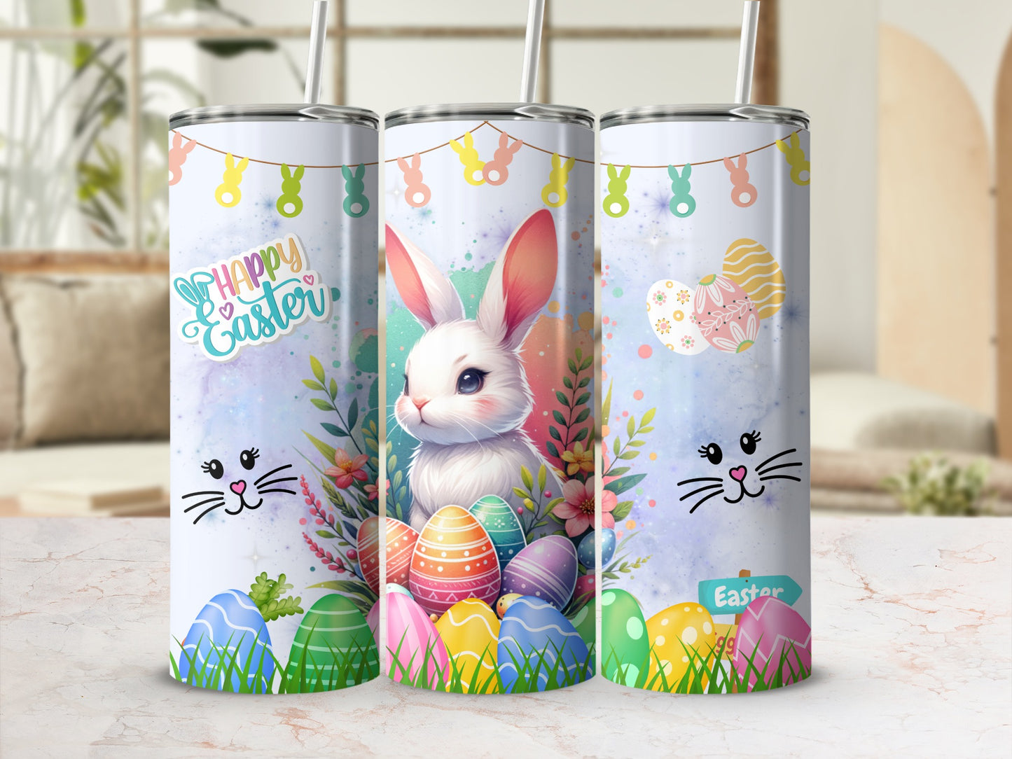 Happy Easter Bunny and Eggs Tumbler 20oz Stainless Steel