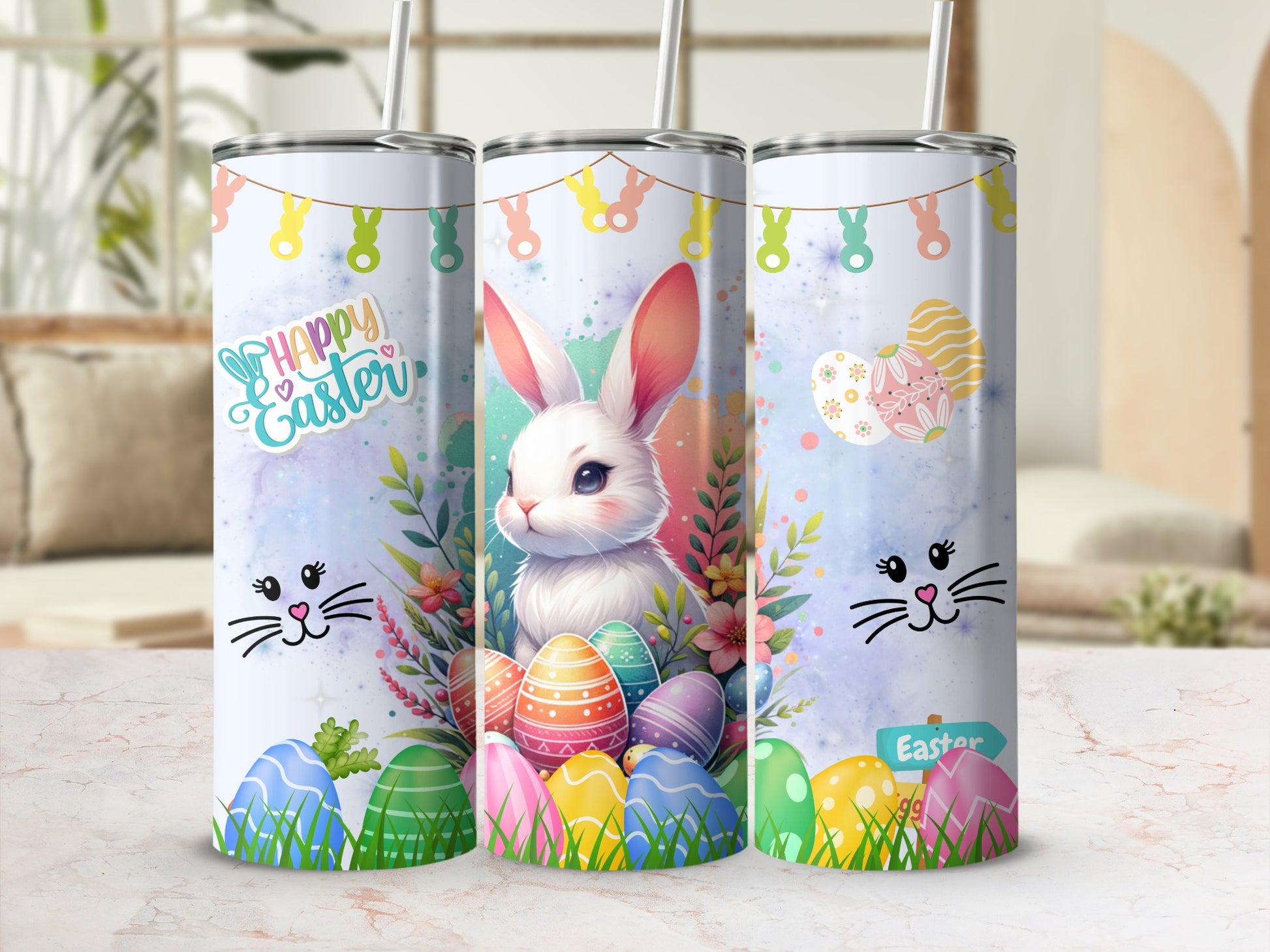 Happy Easter Bunny and Eggs Tumbler 20oz Stainless Steel