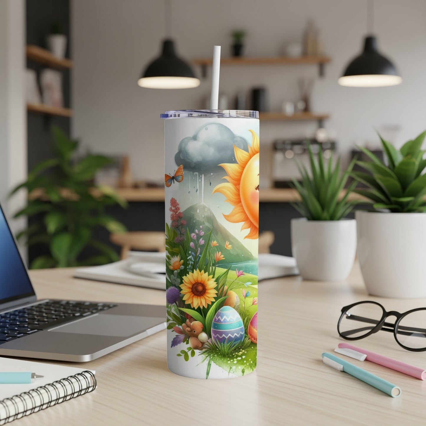 Easter-themed tumbler with sun, eggs, flowers, and butterflies.