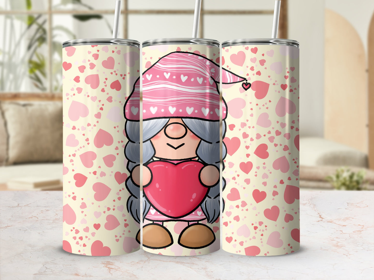 Valentine's Day Gnome with Hearts Tumbler Design