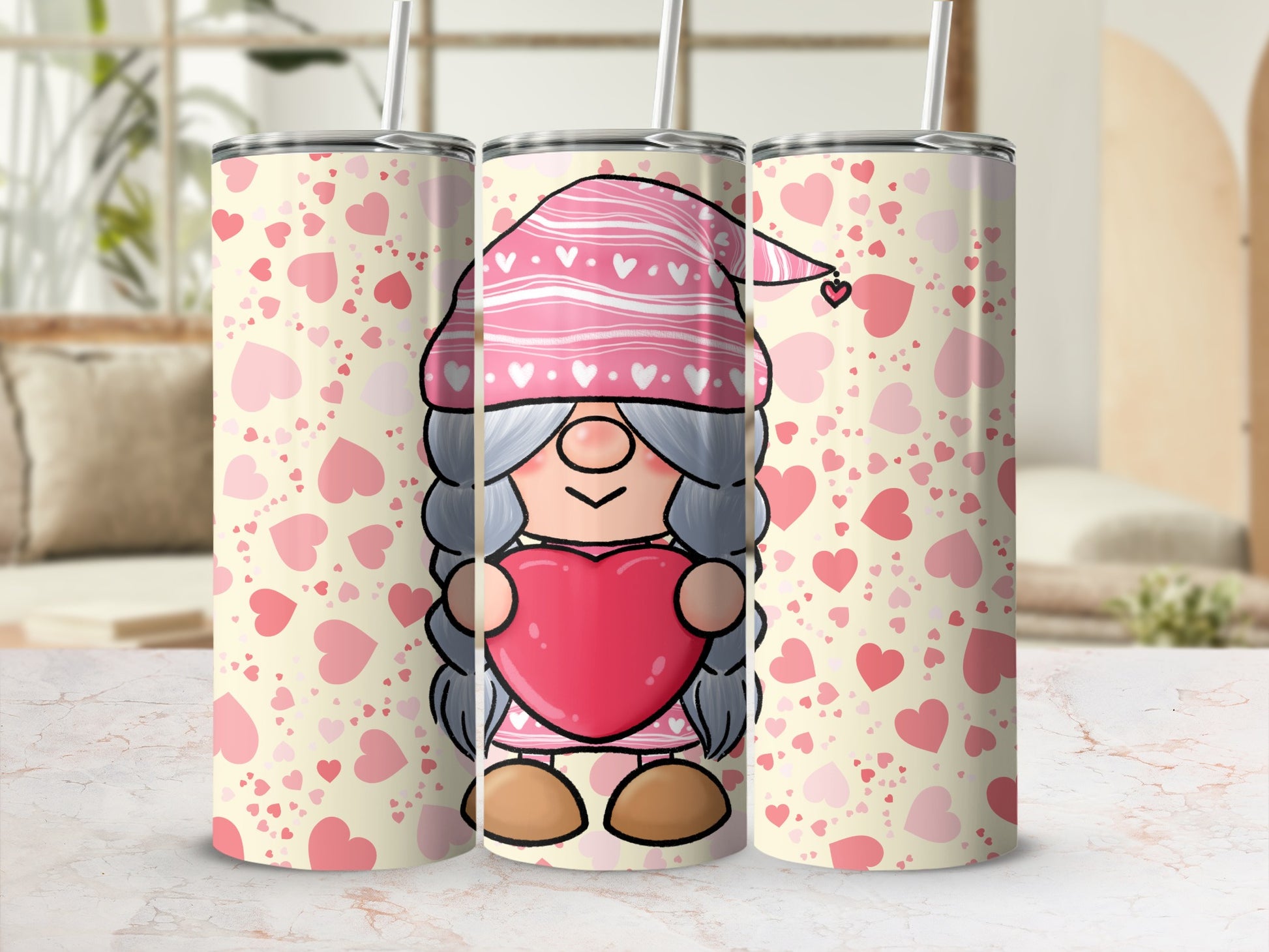 Valentine's Day Gnome with Hearts Tumbler Design