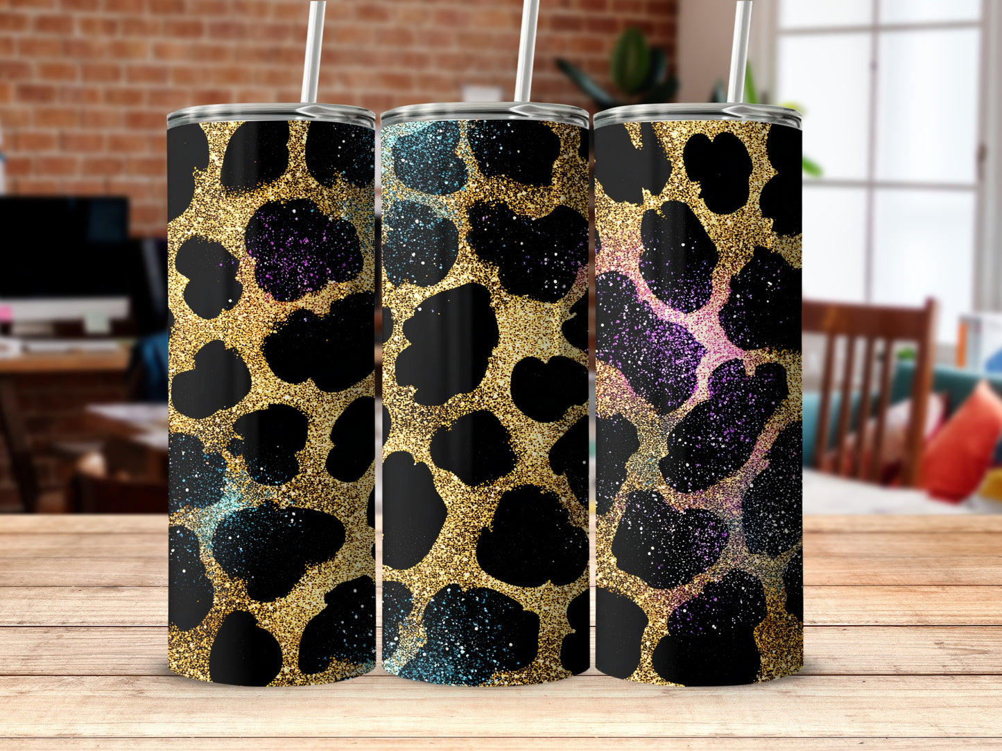 Glittery Leopard Print Tumbler with Ombre Sparkle Design