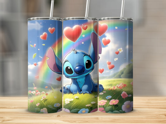Adorable Blue Character with Hearts and Rainbow Tumbler