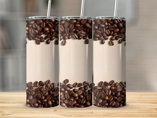 Three tall tumblers with a coffee bean design and a beige background.