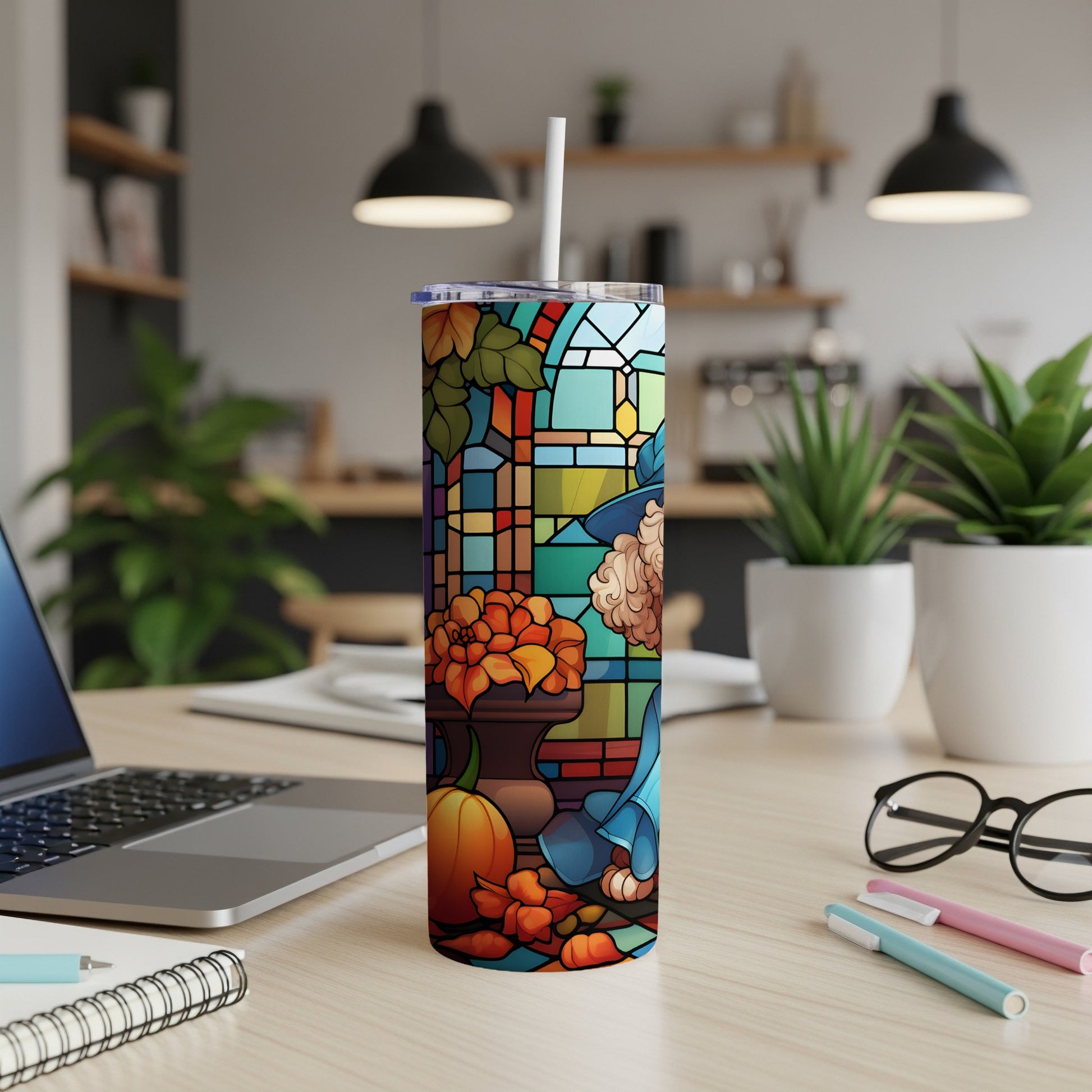 Tall tumbler with a stained glass design featuring fall harvest elements.
