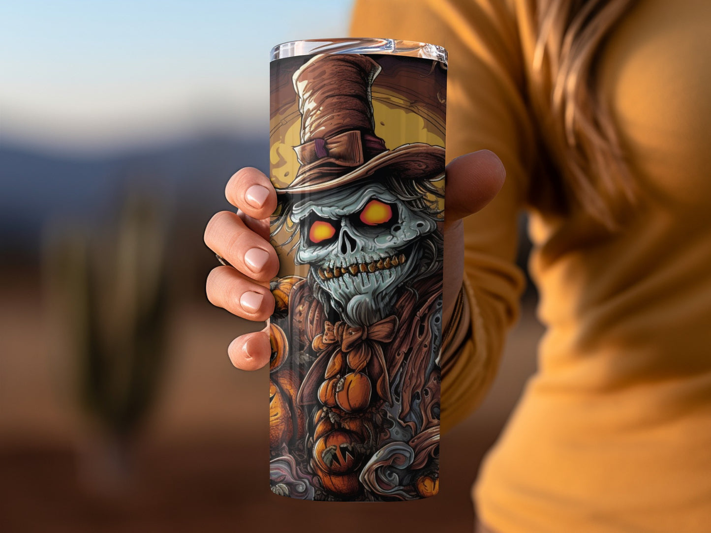 Scary Pumpkin Head Skeleton Tumbler With Top Hat