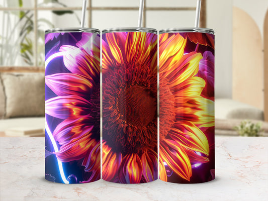 Three tumblers featuring a vibrant sunflower design with glowing neon accents.