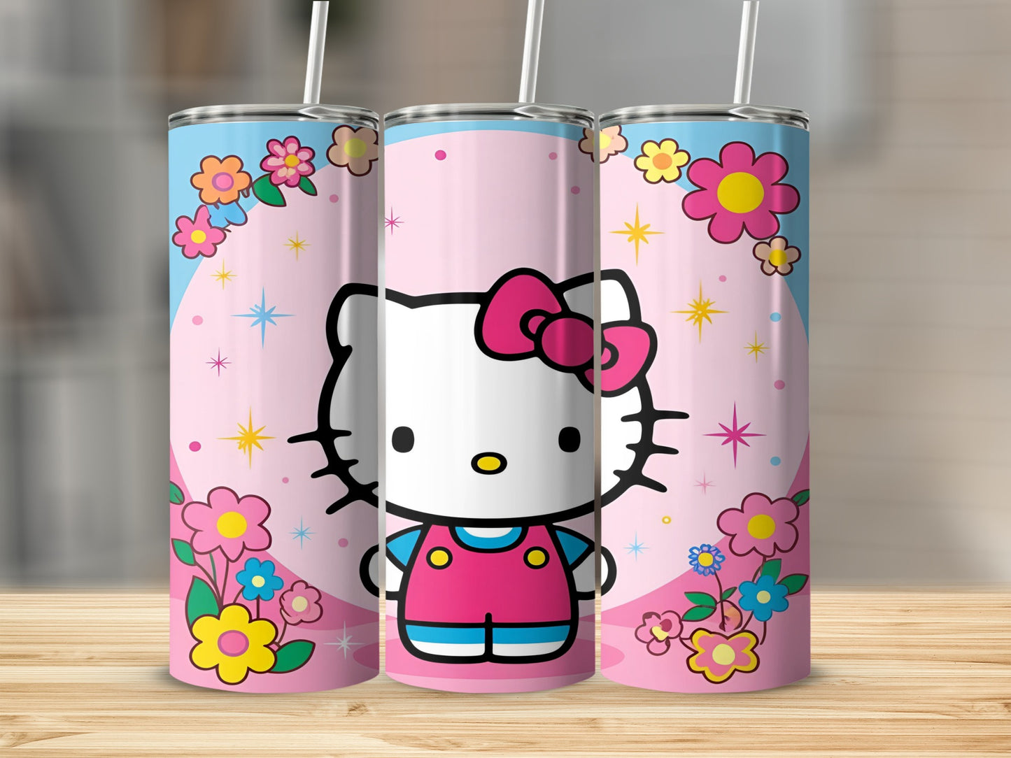 Hello Kitty tumbler with pink floral background and blue sky.