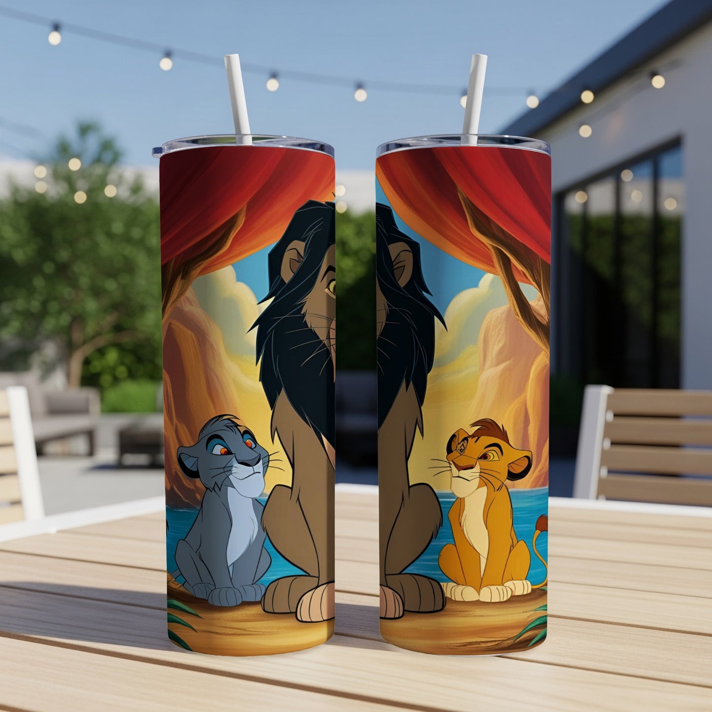 The Lion King's Scar and Simba sit on a rock with cartoon trees and sky background.