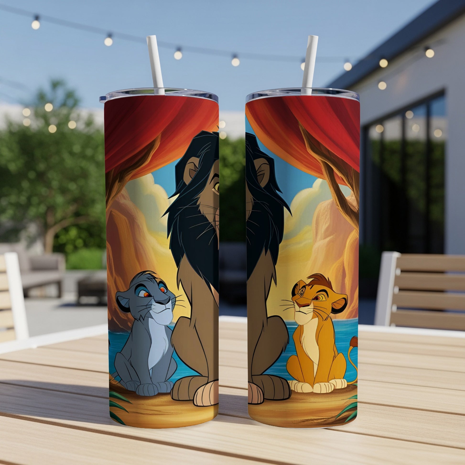 The Lion King's Scar and Simba sit on a rock with cartoon trees and sky background.