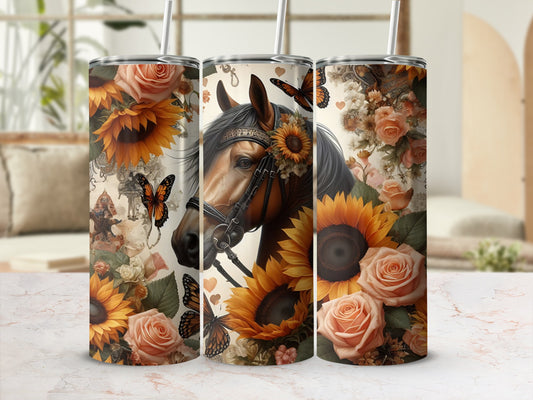 Horse with sunflowers and butterflies, floral border, warm rustic colors.