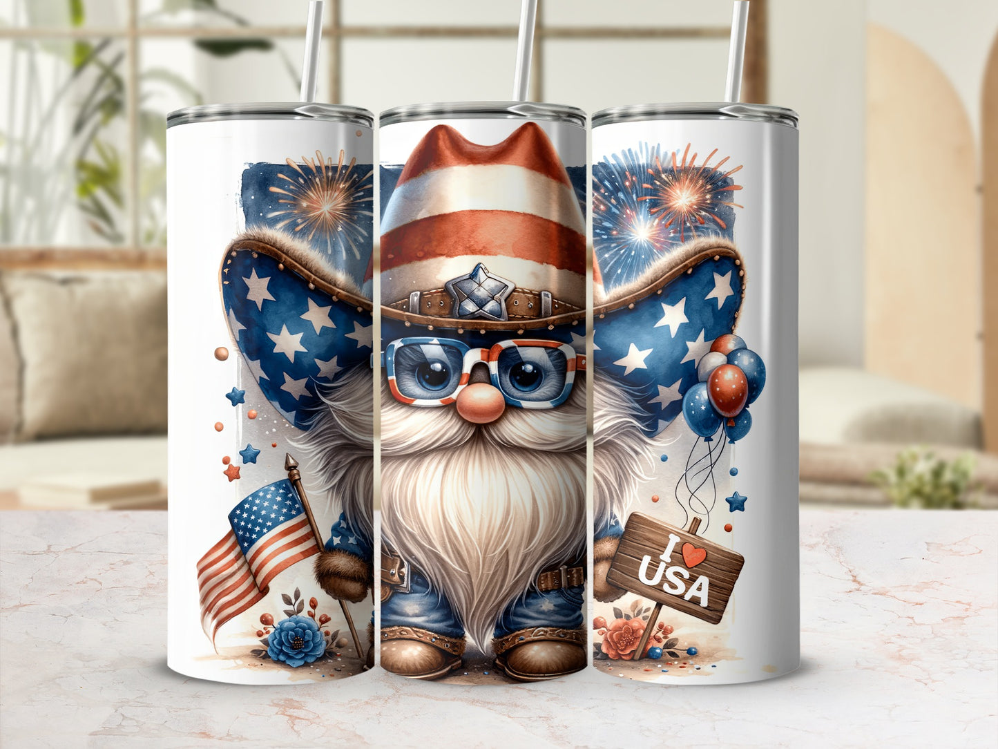 Gnome in USA-themed outfit with flag and fireworks, holding "USA" sign.